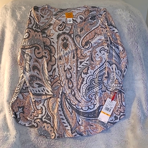 NWT RUBY RD petite S Tunic.  Poly/spandex.  Gray/cream/peach.  Beautiful! - Picture 1 of 4